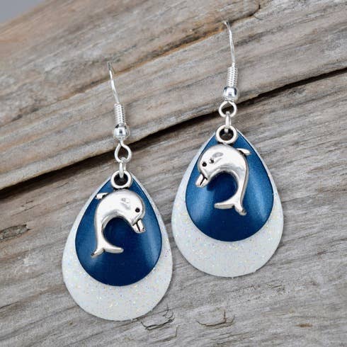 Boucles d'oreilles triple dauphin scintillant bleu océan/blanc pour la vente par Eye Catching Jewelry