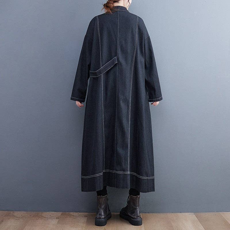 OceanusSwim - Wholesale Trench Coat - Women's - Color Block Long Denim Trench Coat1