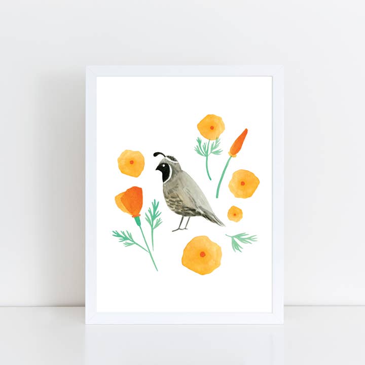 Quail and California Poppies / Art Print for wholesale by Misha Zadeh