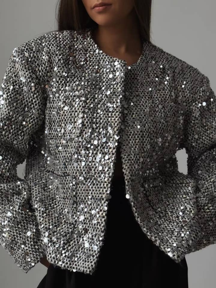 silver sequin tweed bomber jacket for wholesale on Faire