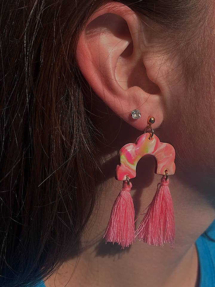 Pink Frenzy Tassel Dangles for wholesale by Polymearrings Jewelry Co.