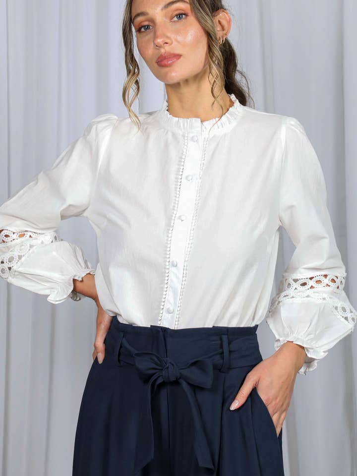 Ruffle Neck Lace Trim Accent 100%Cotton Blouse Top VT82880 for wholesale by Vine & Love