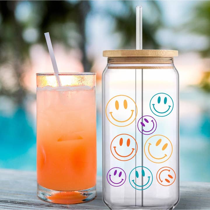 16oz Smiley Face Glass Can Tumbler for wholesale by Leo Patra LLC