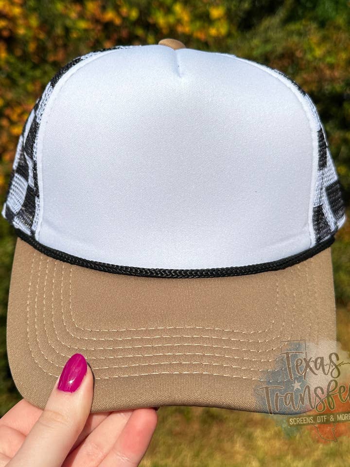Brown Bill/Black Checker Mesh Trucker Hat for wholesale by Texas Transfers