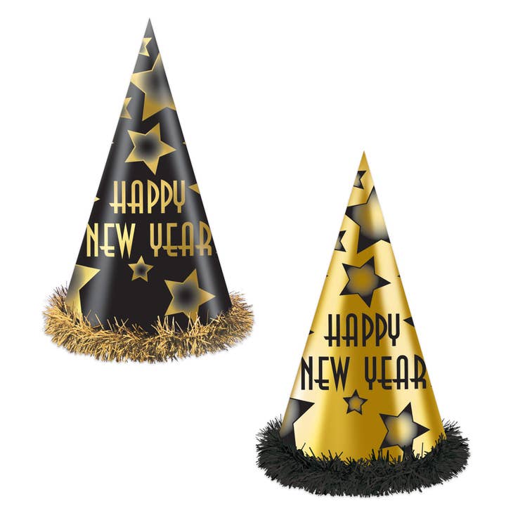 Beistle - Wholesale Party Hat/Crown - Black and Gold Happy New Year 12" Party Hats