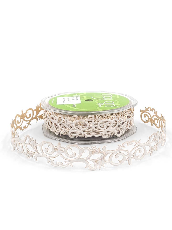 7/8" White Fleur-de-lis Scroll Adhesive Ribbon for wholesale by May Arts Ribbon