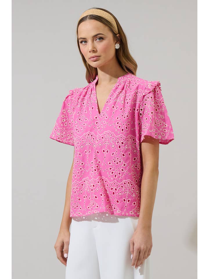 Fuschia Rosie Eyelet Mei Split Neck Top for wholesale on Faire