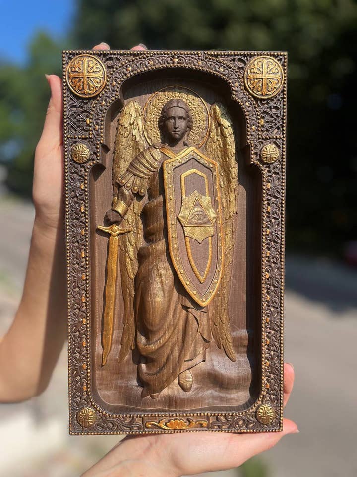 Archangel Michael with a shield wooden sculpture home decor for wholesale by KozakWorkshop