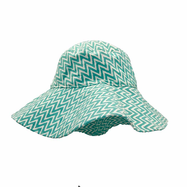 The Block printed Canvas Black Aqua Zigzag Sun Hat for wholesale by Anju Jewelry