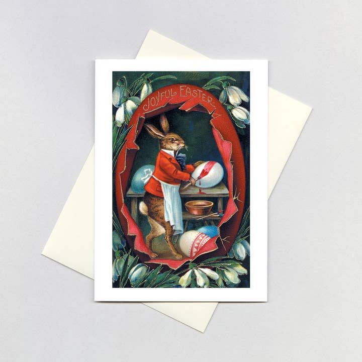 Lapin de Pâques peint en rouge avec un œuf - Carte de Pâques pour la vente par Laughing Elephant