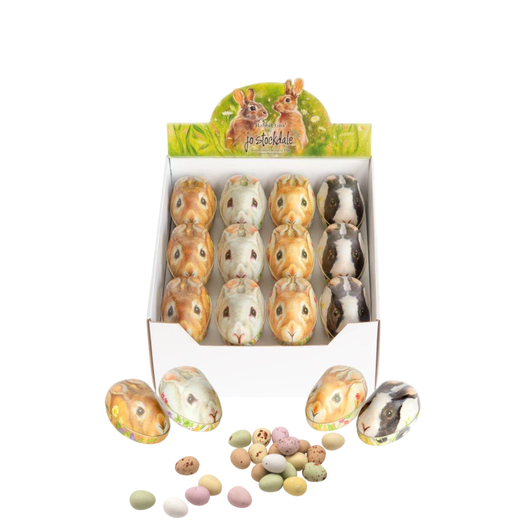 Tin Treats – wholesale Decorative box – Jo Stockdale - Rabbits Shaped tins with Chocolate Eggs0