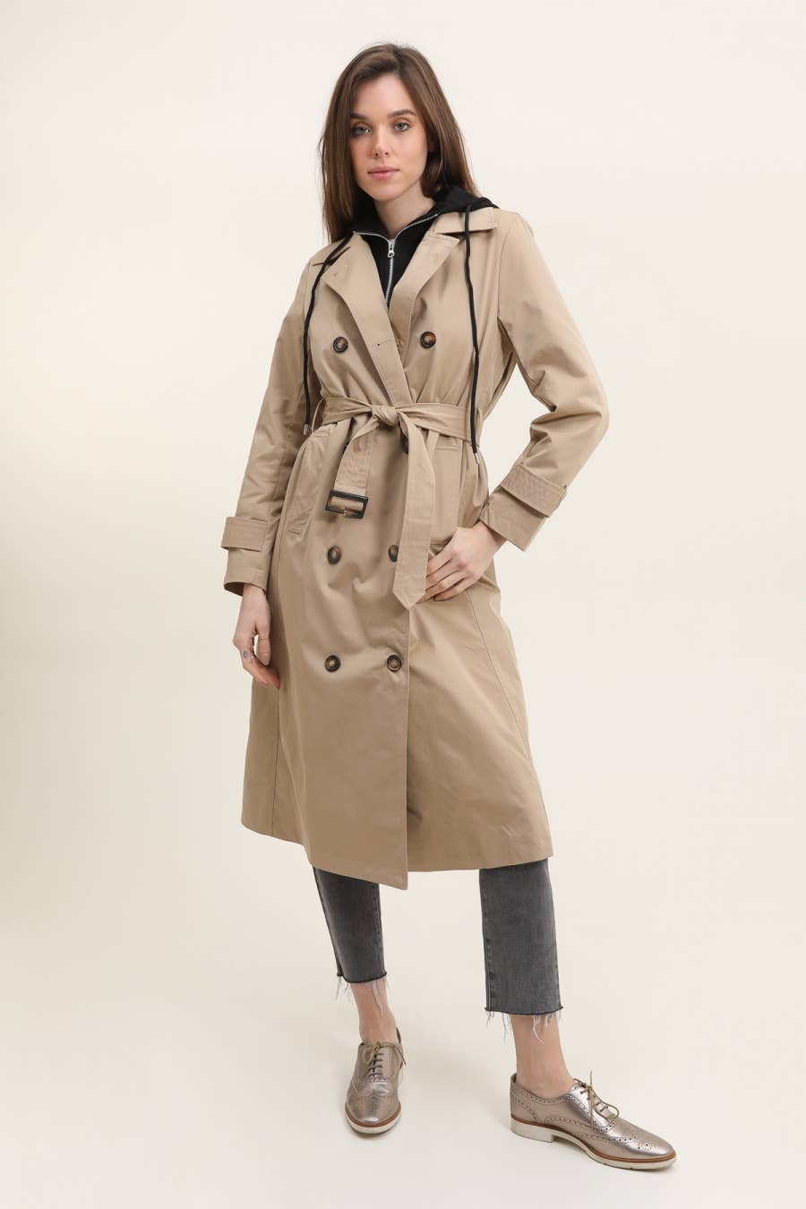 Attrait Paris - Wholesale Trench Coat - Women's - Long trench coat with hoodie yoke9