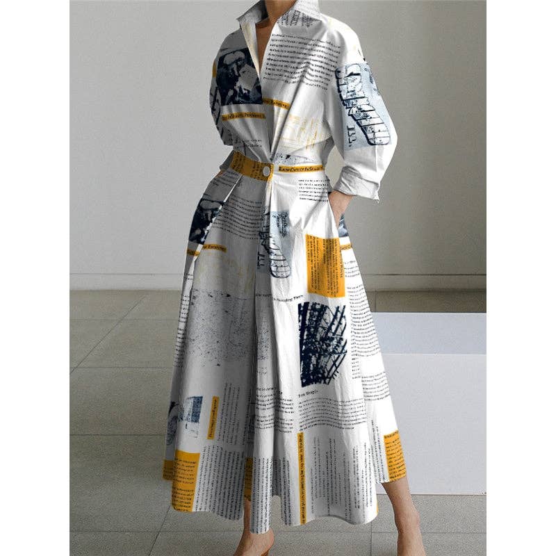 Yellow Long Sleeves Loose Newspaper Print Pleated Tied Waist Lapel Midi Dresses Shirt Dress for wholesale on Faire0