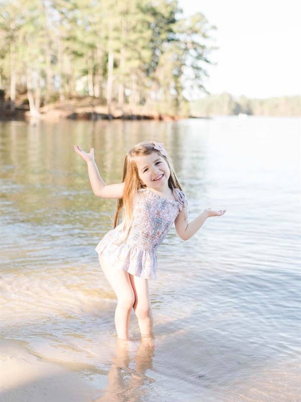 Rufflеѕ & Bоwtіеѕ - Affordable Boys & Girls Clothing - Wholesale One Piece Swimsuit - Kids - CLEARANCE Girl Swimsuits - Blue & Tan Floral - 1Pc 1