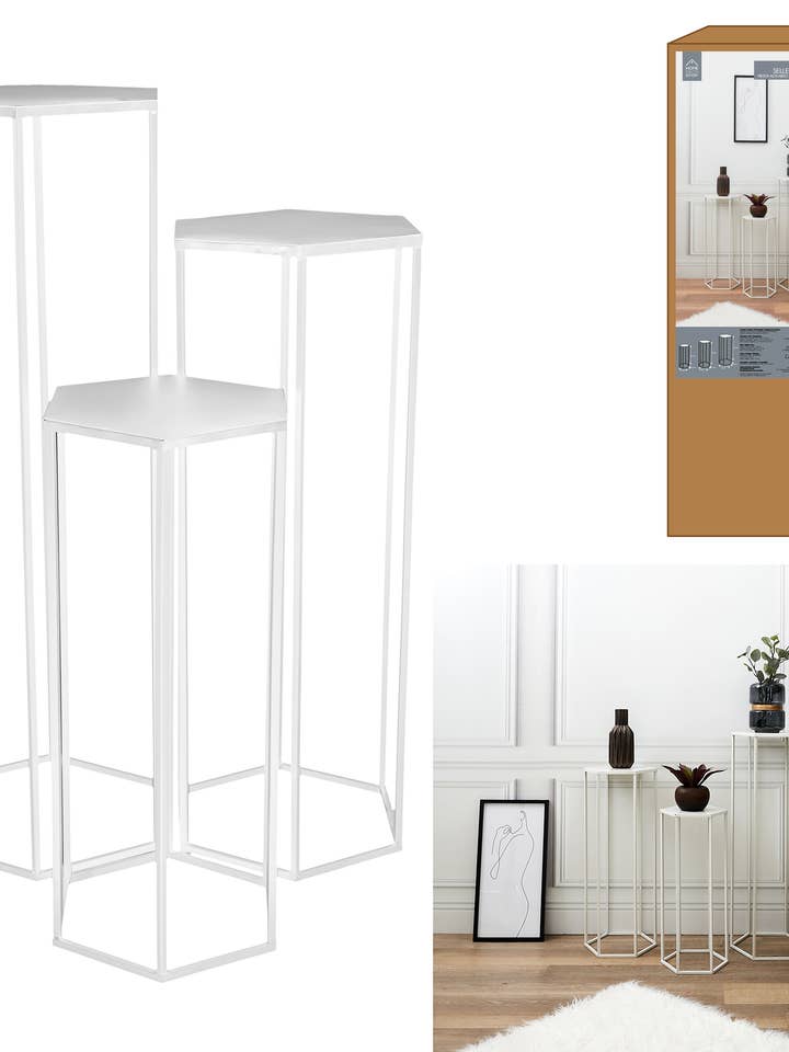 Set di 3 tavolini alti in metallo bianchi per la vendita all'ingrosso da parte di Sfeerpunt