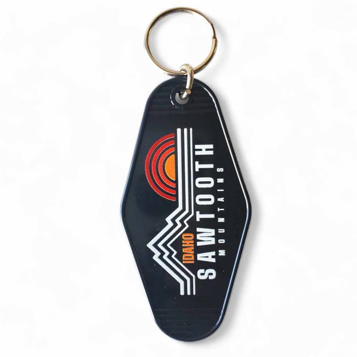 Customizable Text Mountain Sun Retro Hotel Keychain - Black for wholesale by Mad River
