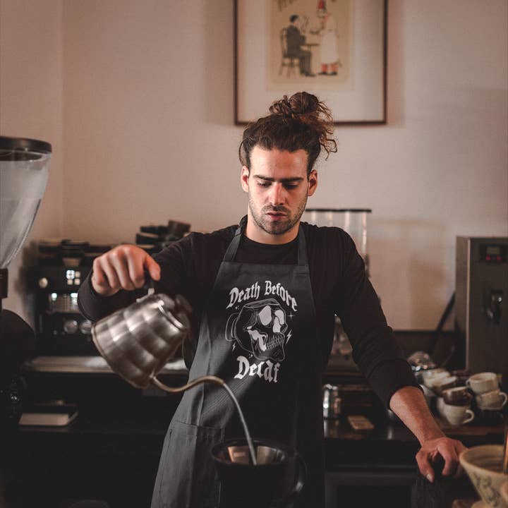 Wickedly Divine Shop - Wholesale Apron - Death Before Decaf, Gothic Alt Kitchen Apron