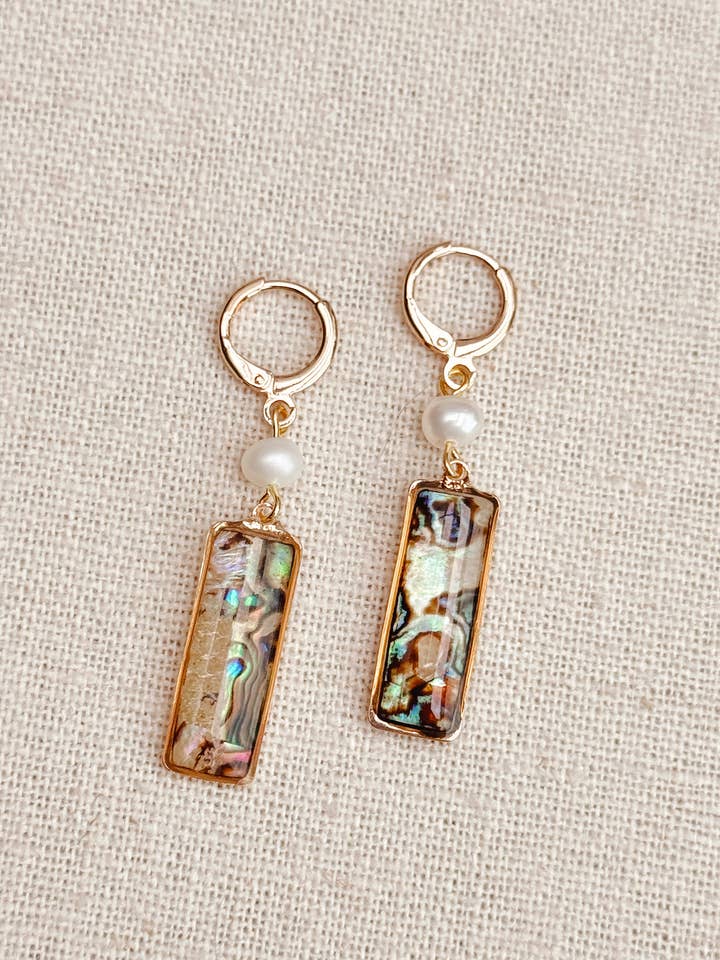Gold Freshwater Pearl Abalone Rectangle Earrings for wholesale by Gracie Rose Designs