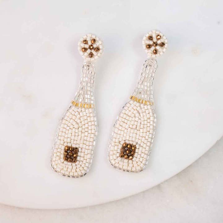 Champagne Bottle Beaded Earrings Ivory/Gold 3.75" for wholesale by The Royal Standard