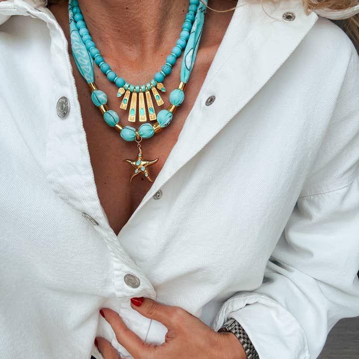 Goupi - Wholesale Beaded/Pearl Necklace - Aqua & Gold Layered Necklaces – Scarf necklace & Starfish