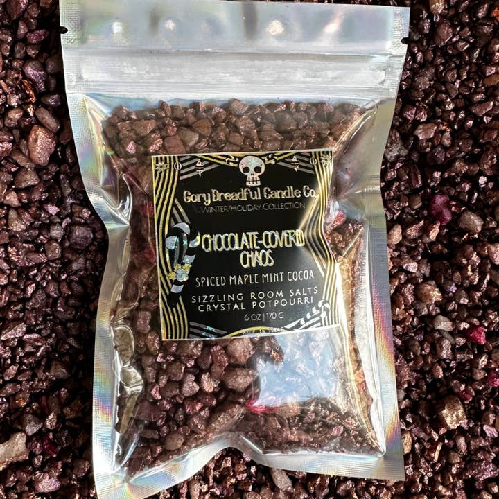 Chocolate-Covered Chaos Sizzling Room Salt Crystal Potpourri: Spiced Maple Mint Cocoa Scent for wholesale by Gory Dreadful Candle Co