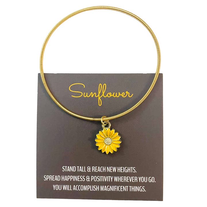 Broken Record Boutique - Wholesale Charm/Dangle Bracelet - Gold Enamel Sunflower Bangle Charm Bracelet on Card