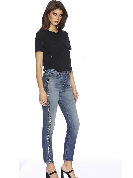 High Rise Straight Cut Studded Jeans EM31022 for wholesale by ETIENNE MARCEL