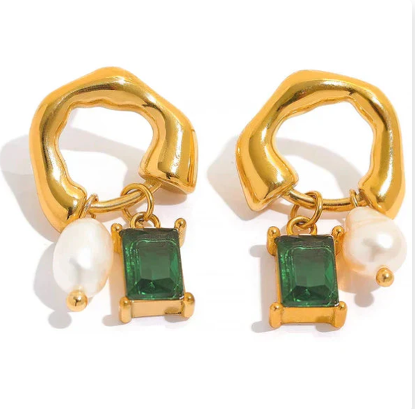 Koch La Ni Jewelry - Wholesale Dangle Earrings - Gold Pearl and Emerald Drop Earrings2