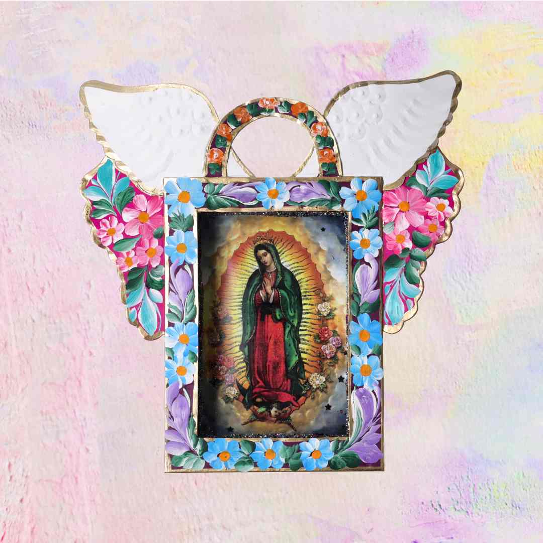 PINK PAMPAS - Wholesale Wall Accent - Maxi Mexican Handcrafted Virgin of Guadalupe Winged Teak0