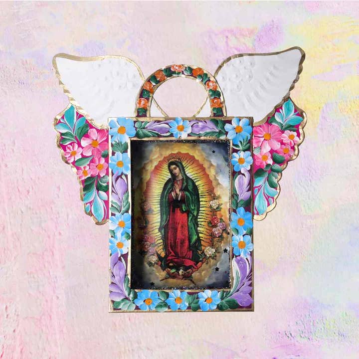 PINK PAMPAS - Wholesale Wall Accent - Maxi Mexican Handcrafted Virgin of Guadalupe Winged Teak