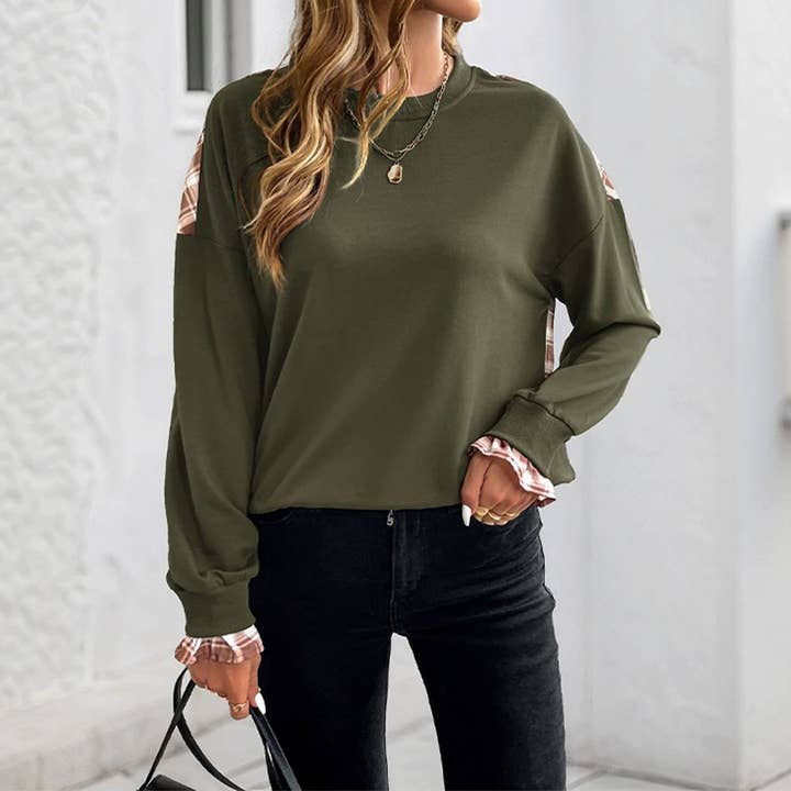 Army Green Casual Vintage Crewneck Plaid Patchwork Sweatshirt BFZY1677 for wholesale on Faire1