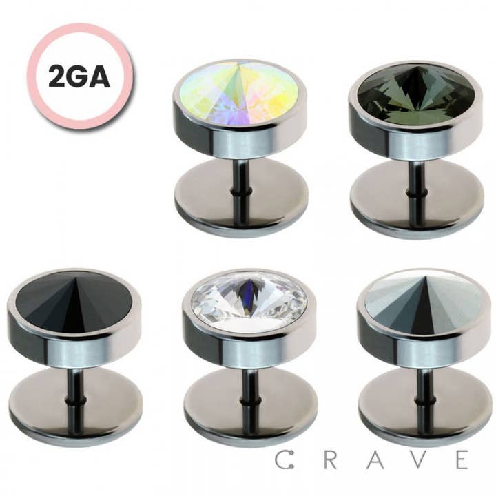 316L SURGICAL STEEL 2GA STEEL FAKE PLUG WITH SWAROVSKI GEM S for wholesale by CRAVE BODY JEWELRY