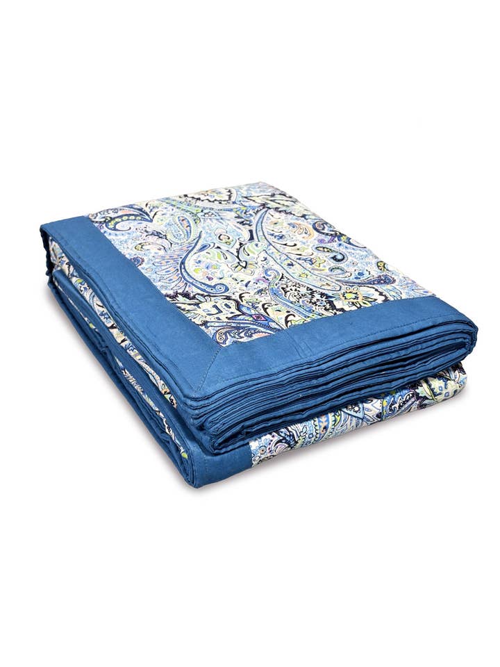 Handmade 100% Cotton Printed Blanket, Blue Paisley (88"x96") for wholesale by Pure Indian Foods