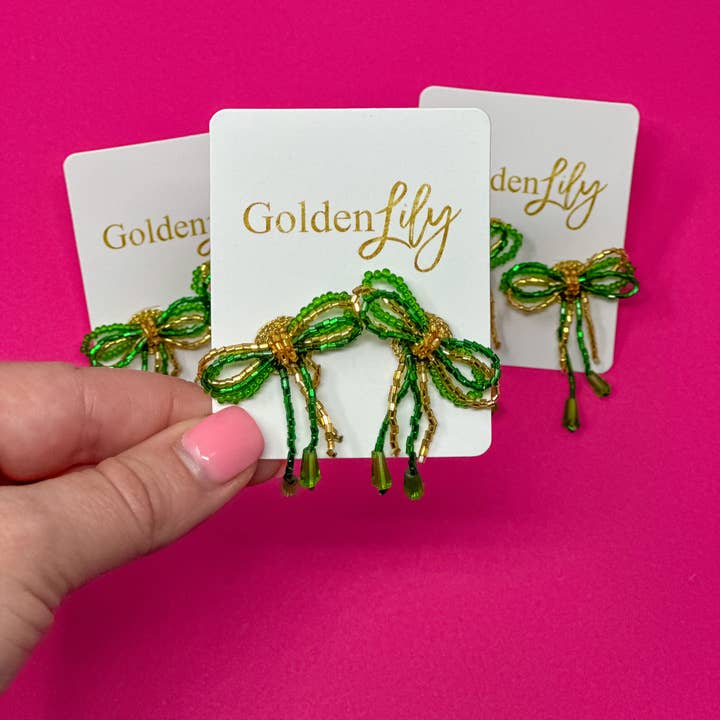 Mini Bow Earrings - Green and Gold for wholesale by Golden Lily