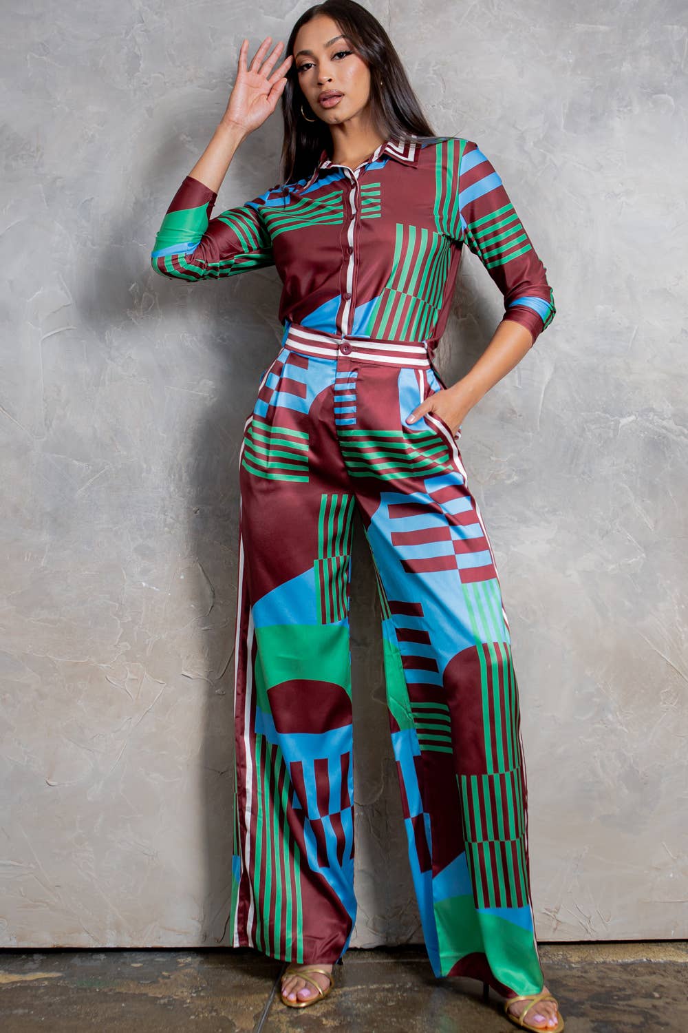 Her Bottari - Wholesale Top & Pant Set (NOT Loungewear) - Women's - BT5833-SET_Button Up Shirt and Wide Pants Set-BROWN1