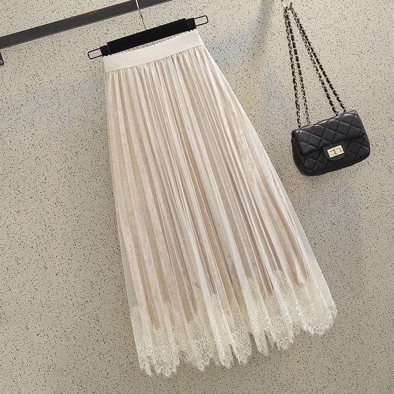 UZ Wholesale Store – Engroshandel Nederdel - Dame – Blonde Patchwork Plisseret Fløjl Midi Nederdel1