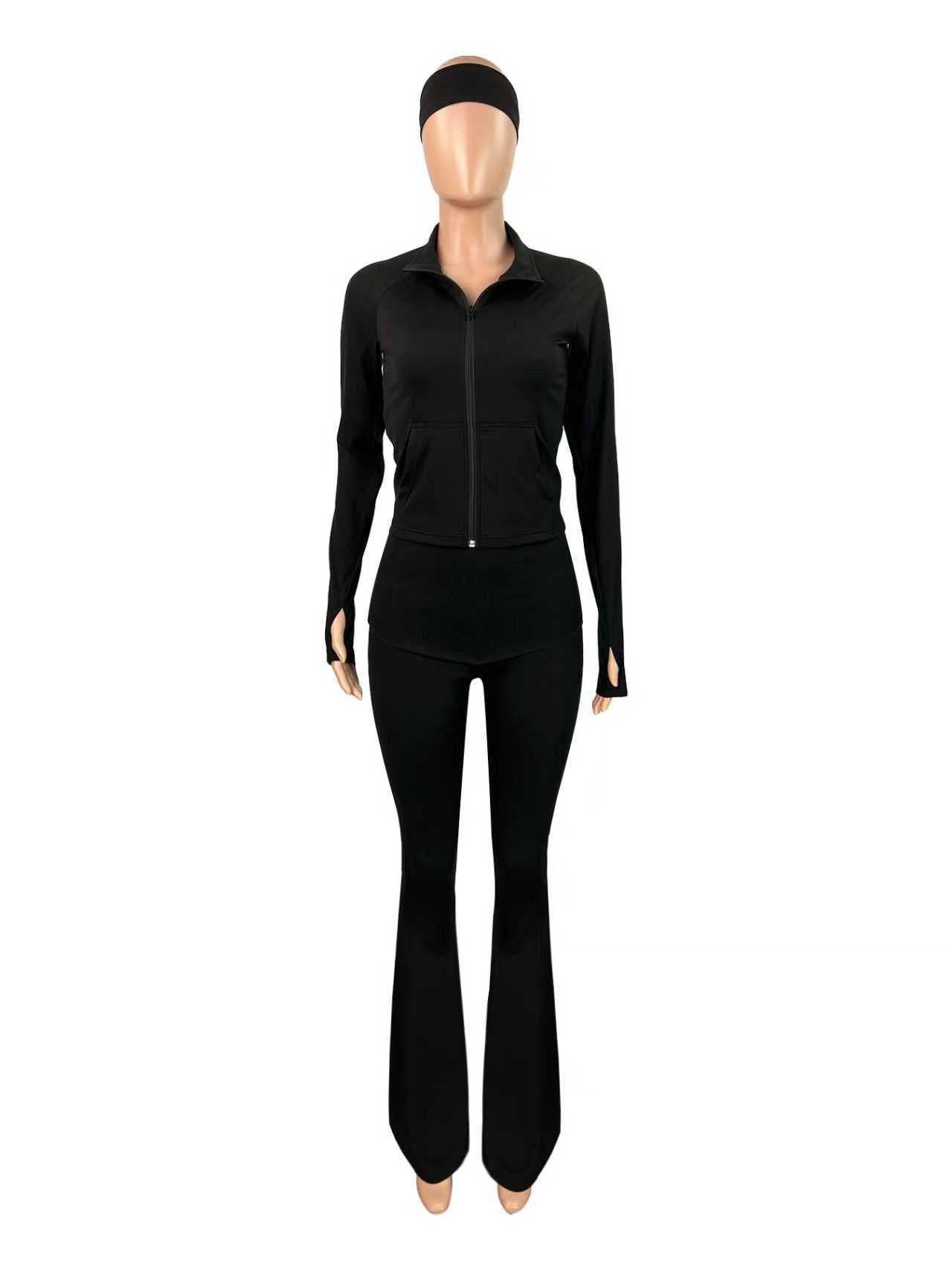 MB Fashion Wholesale - Wholesale Activewear Set - Women's - MB FASHION Three-Piece Activewear Zip-Up Set with Headband 50888