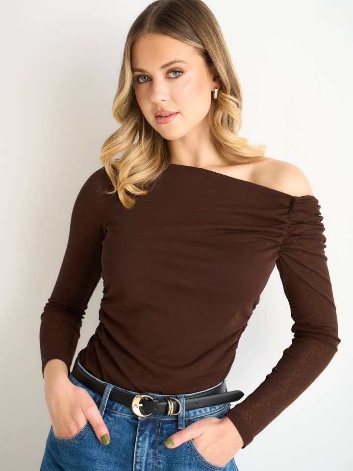 Chocolate Jersey Slash Neck Long Sleeve Top for wholesale by GINI LONDON