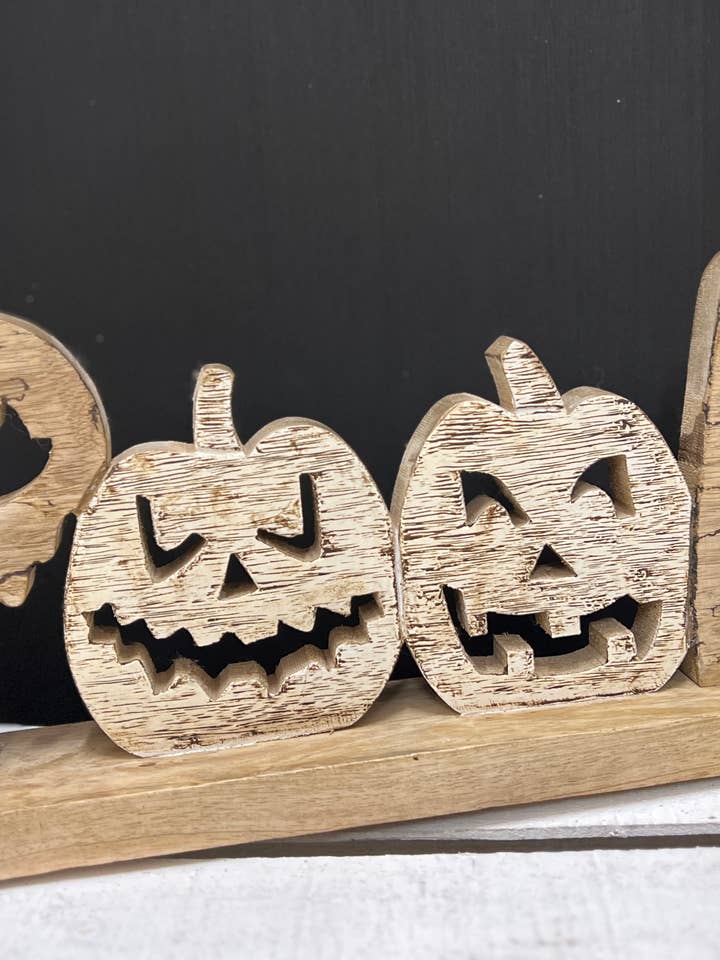 Spooky Wooden Pumpkin Sign 22x7.5in for wholesale by Wholesale Home Decor