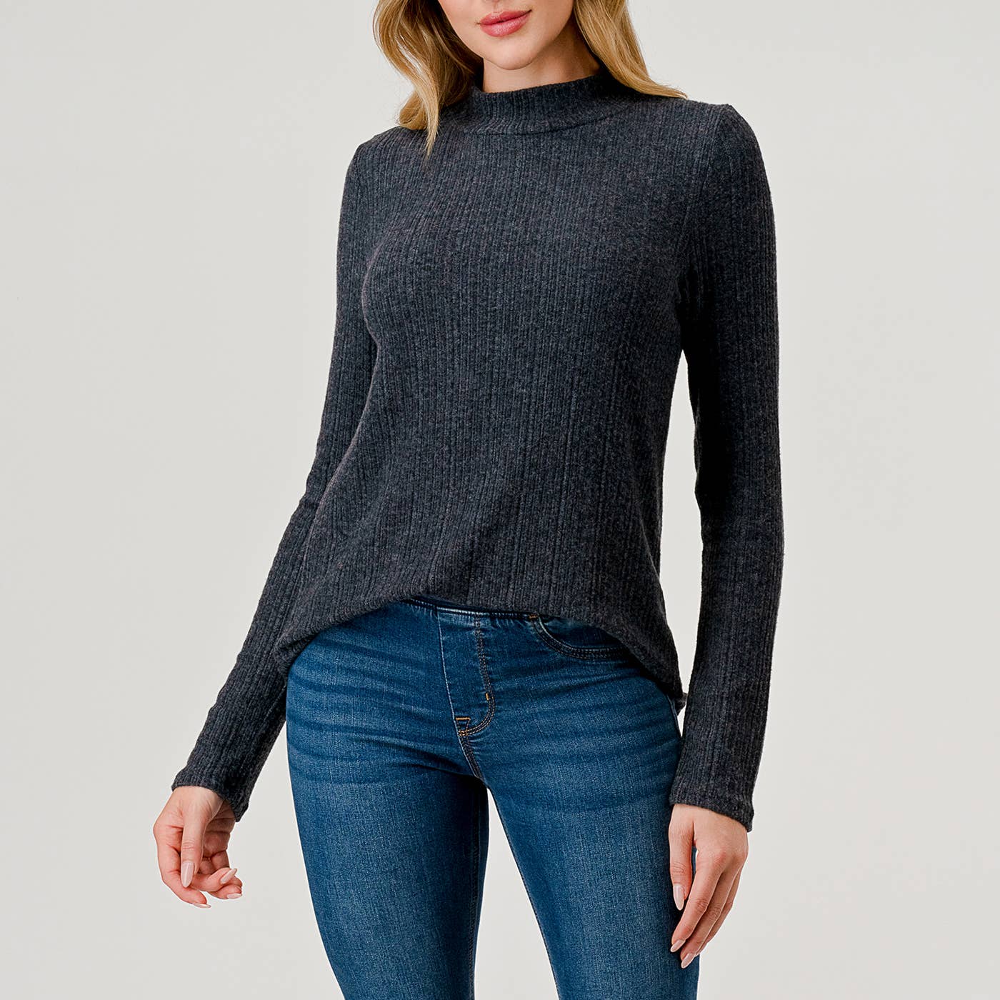Heimious - Vente Haut en maille – femme - Haut en tricot côtelé brossé à manches longues et col montant, coupe décontractée, T7640