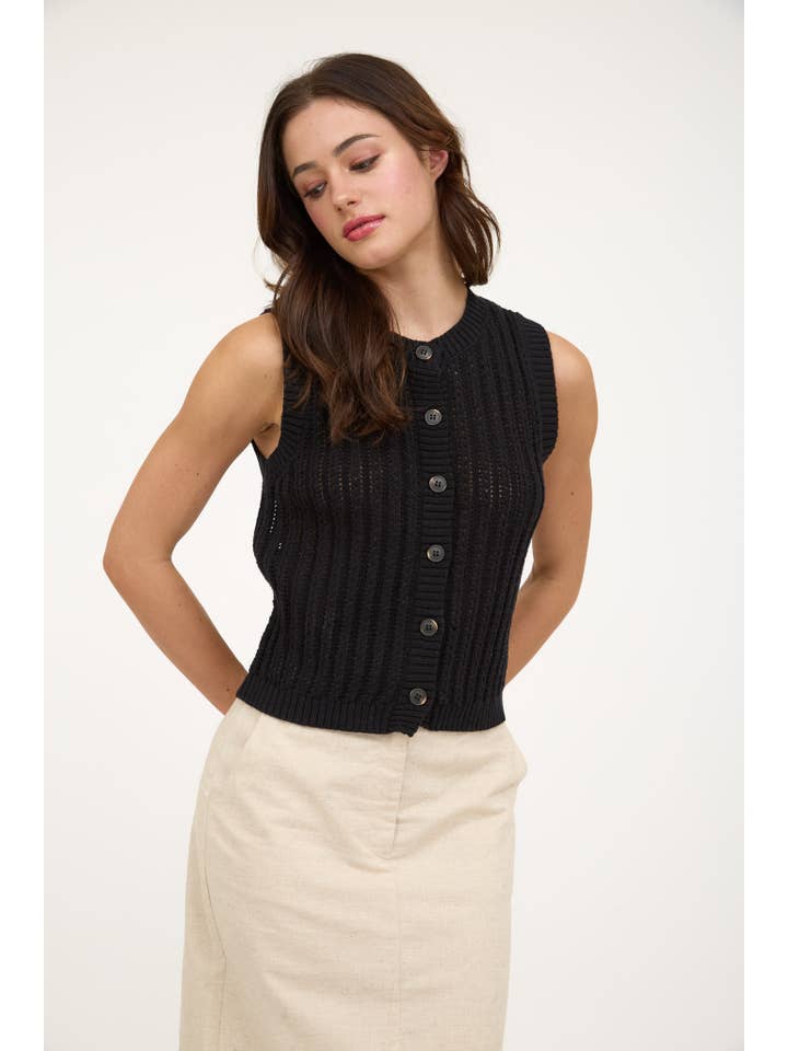 The Workshop Studio - Vente Cardigan – femme - CARDIGAN EN MAILLE SANS MANCHES À COL ROND AVEC BOUTONS14