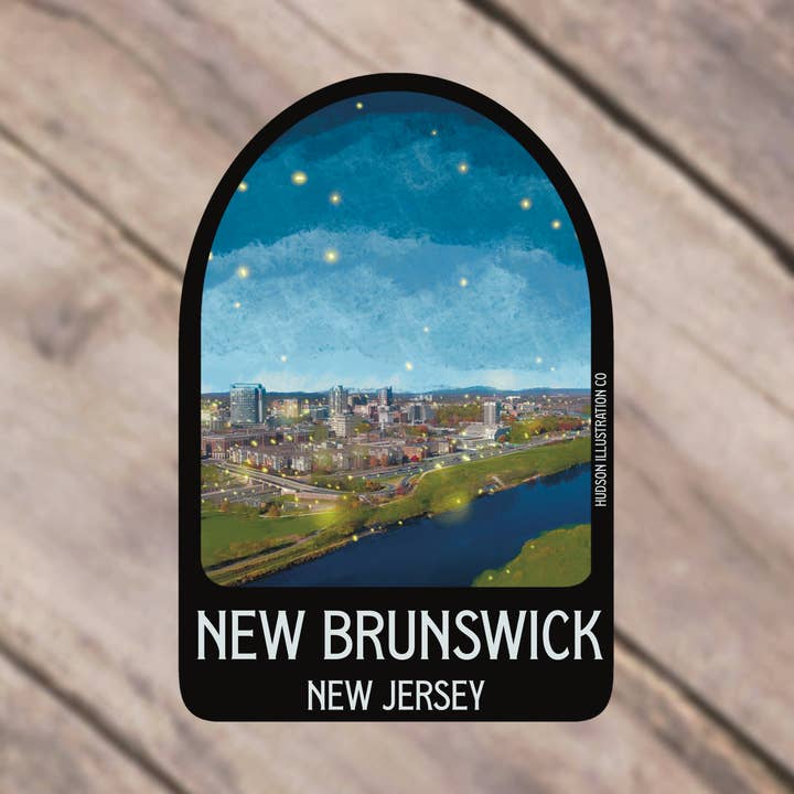 Adesivo/magnete/stampa/cartolina del New Brunswick New Jersey per la vendita all'ingrosso da parte di Hudson Illustration Co - About Town Co