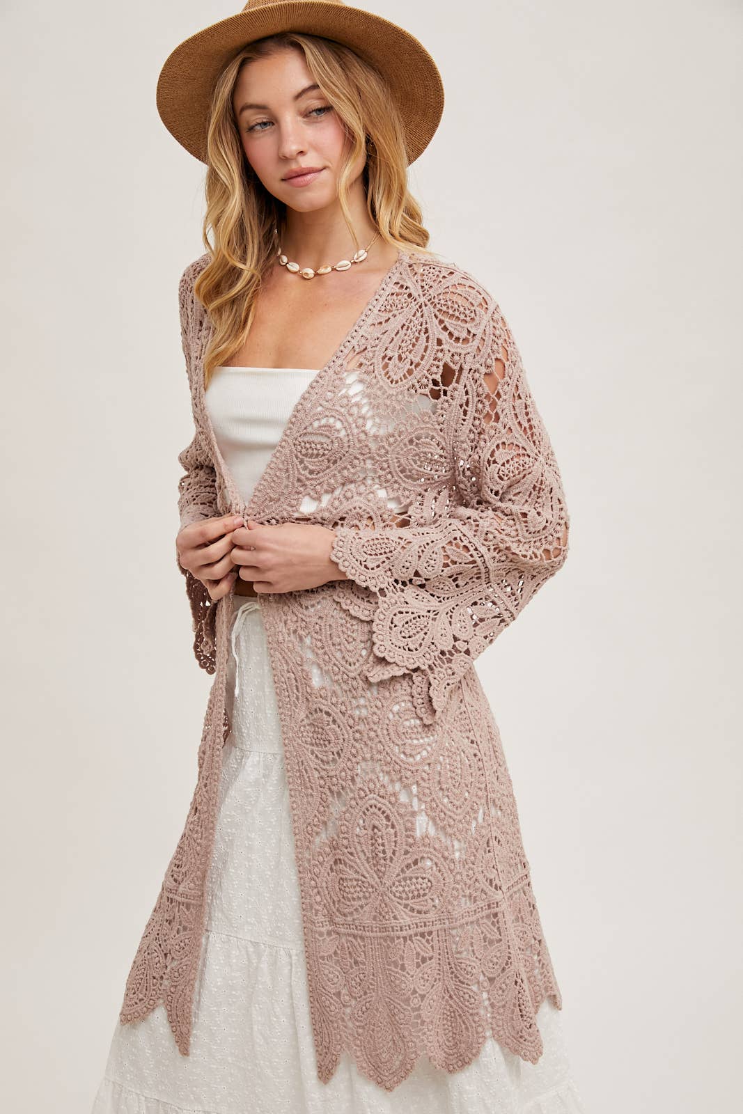 Bluivy - Vente Cardigan – femme - Cardigan en crochet ouvert à manches cloche, longueur genou26