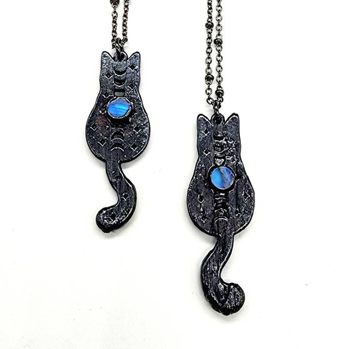 MergingMetals - Vendita all'ingrosso Collana con ciondolo/pendaglio - Collana Moonstone Black Cat Moon Phase//Elettroformata