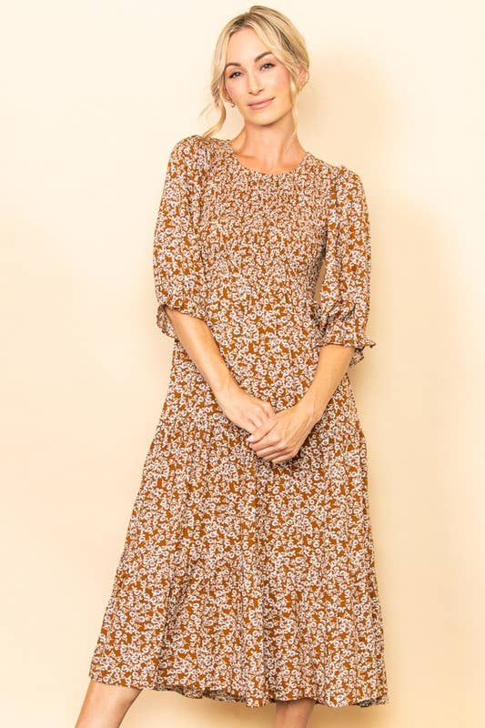 Elloh Collection - Vendita all'ingrosso Vestito - Donna - Abito midi vintage a fiori con smock a balze e tasche3