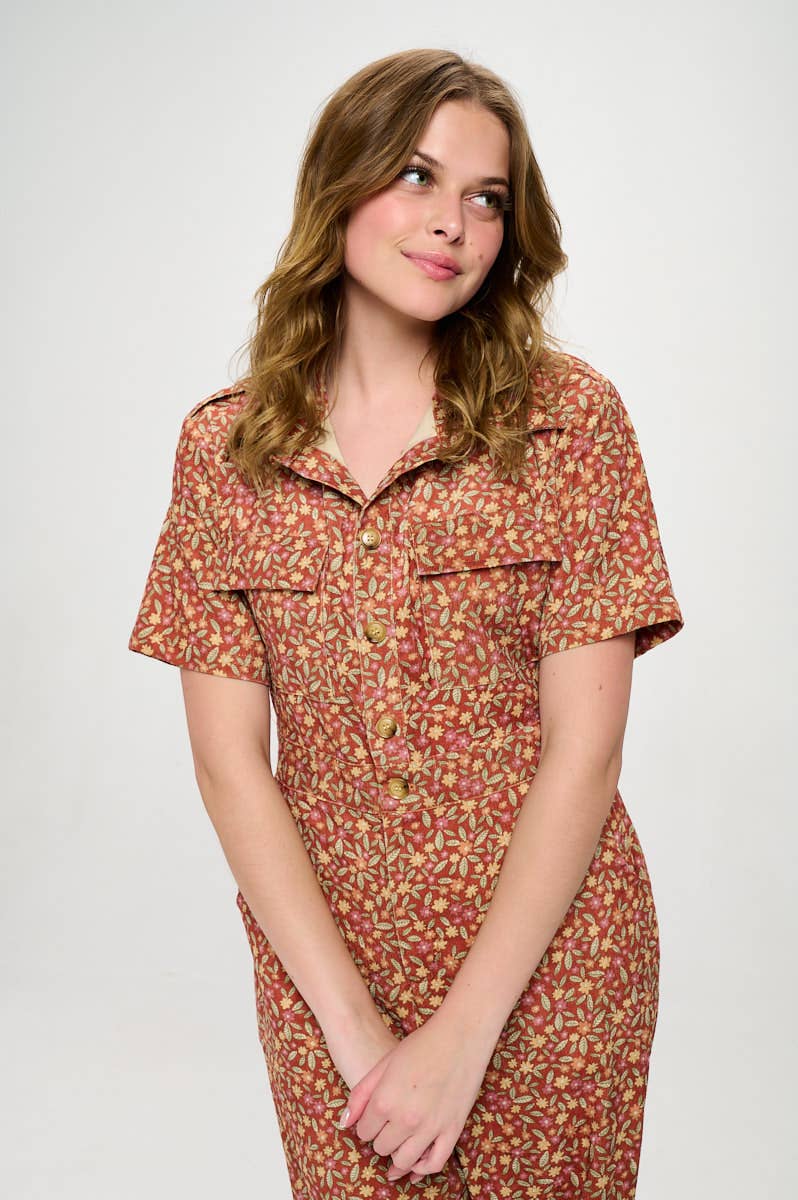 SM WARDROBE - Wholesale Jumpsuit - Women's - FALL LEAVES PRINT CORDUROY JUMPSUIT OVERALL0