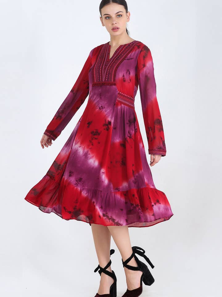 Red, Plum And Burgundy Tie And Dye Georgette Embroidered Tun for wholesale by Pinnacle By Shruti Sancheti