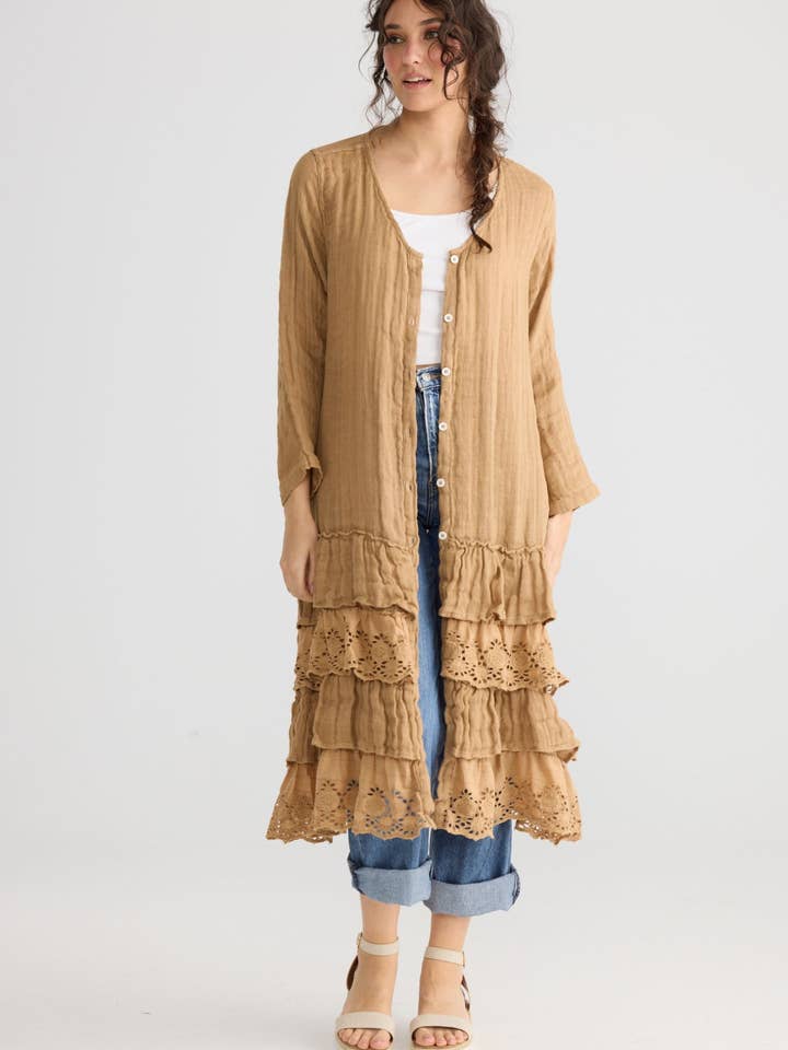 Florette Linen and lace coat. Tobacco for wholesale by Miss Rose Sister Violet Australia