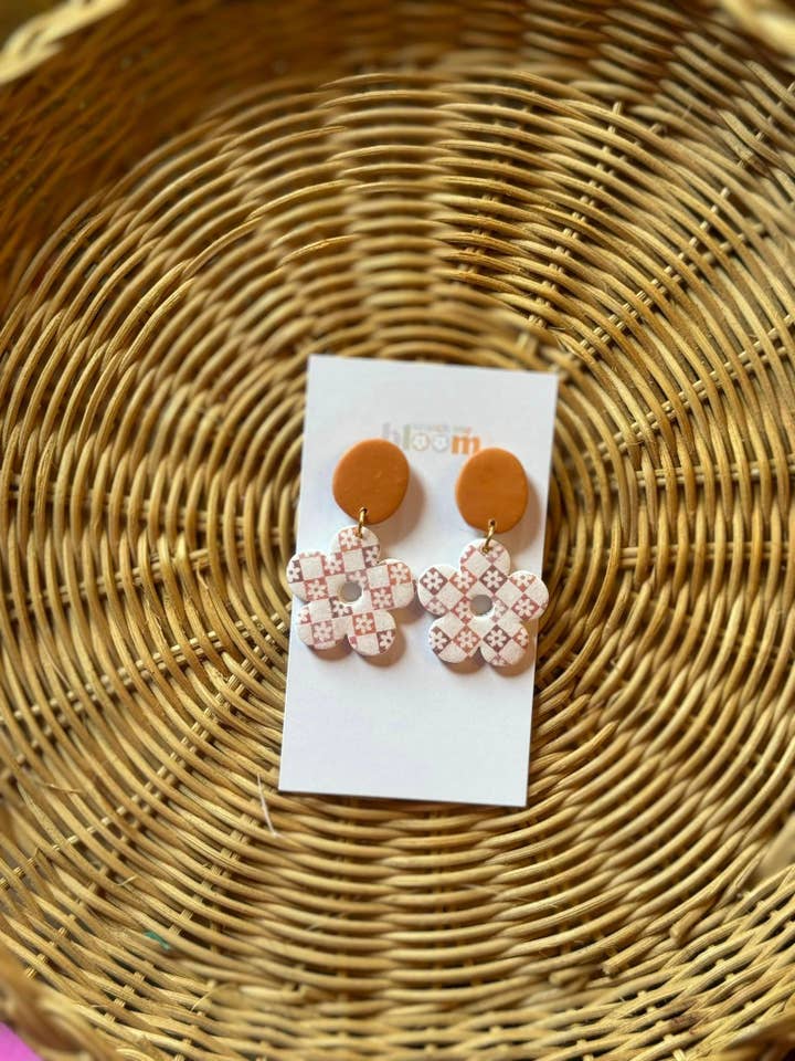 Checkered Floral Patterned Polymer Clay Earrings for wholesale by Watch Me Bloom