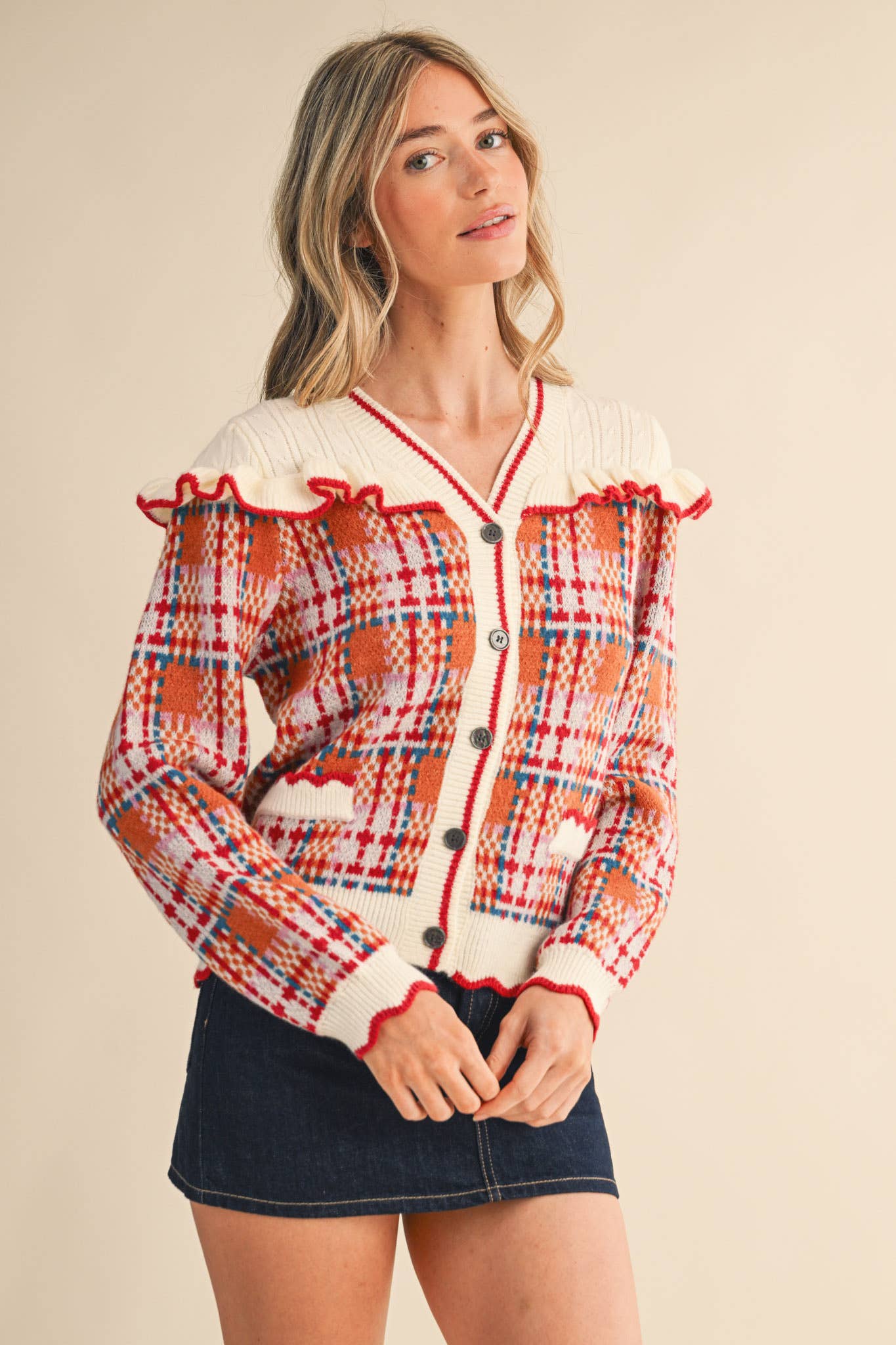 &MERCI - Wholesale Cardigan - Women's - RUFFLED YOKE PLAID SWEATER CARDIGAN MSW1118523